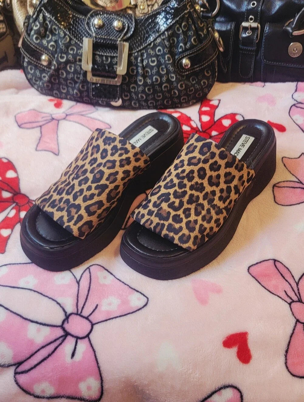 Y2k VTG Early 2000s Steve Madden Leopard Platform Slides Slip On Size 6